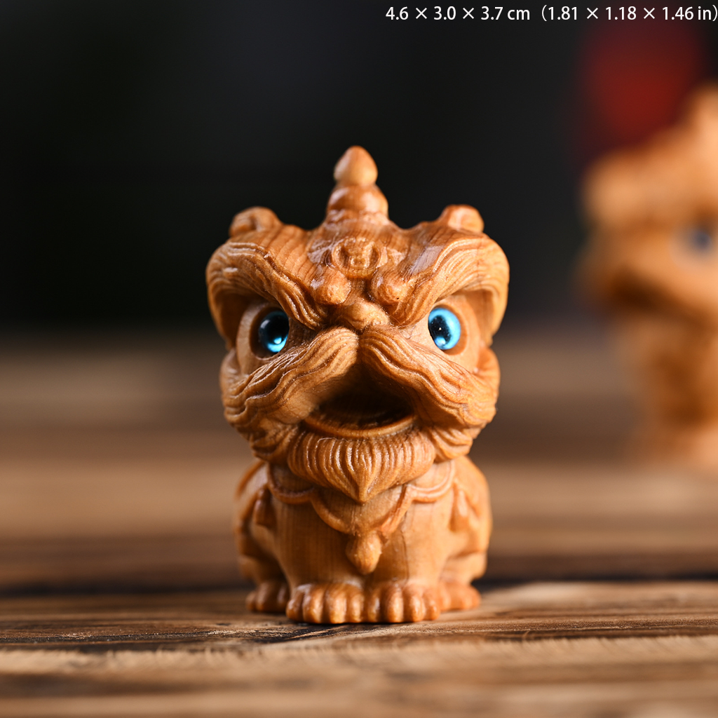 Hand-Carved Aromatic Cypress Lion Dance Figurine – Cute Wooden Home & Desk Decor | Zen Ara Grove