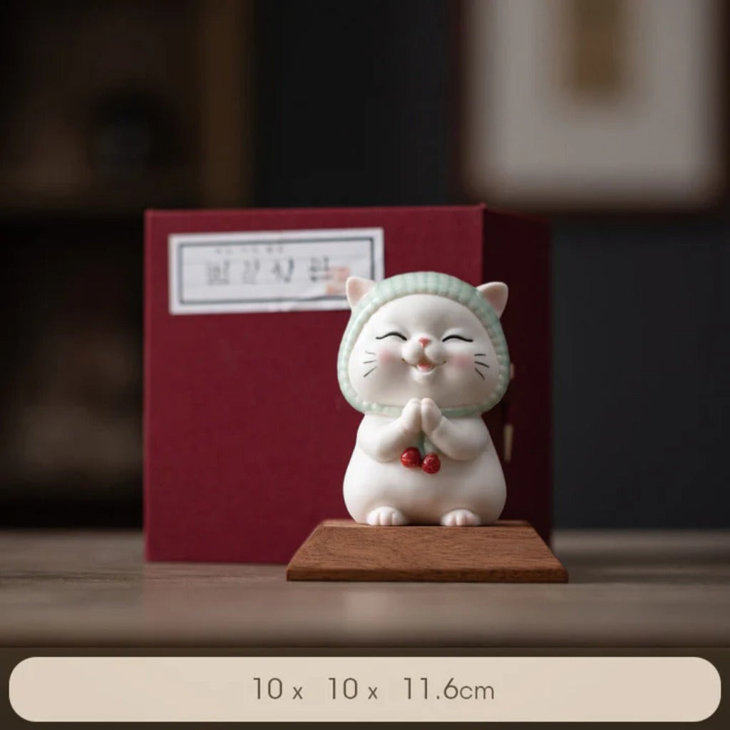 Lucky Cute Cat In Scarf Ceramic Figurine Decoration  | Zen Ara Grove
