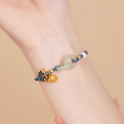 Adjustable Double Hetian Jade Peace Buckle Bracelet with Lotus Charm — Harmony & Protection