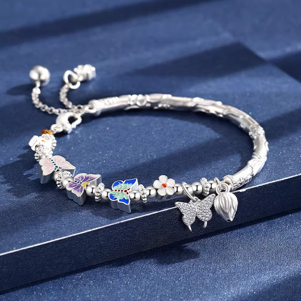 Half Cuff Sterling Silver Bracelet – Delicate Butterfly and Flower with Elegant Tassel | Zen Ara Grove