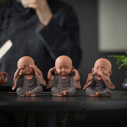 Handcrafted Ceramic "Four-Nos" Monk Statues – Symbol of Inner Calm & Thoughtful Living | Zen Ara Grove