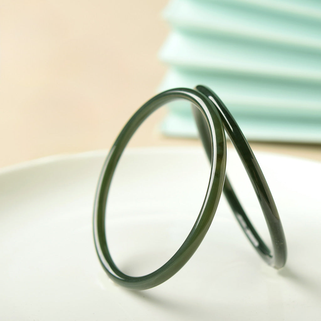 Dark Green Jade Thin Round Bangle – Wisdom & Protection | Zen Ara Grove