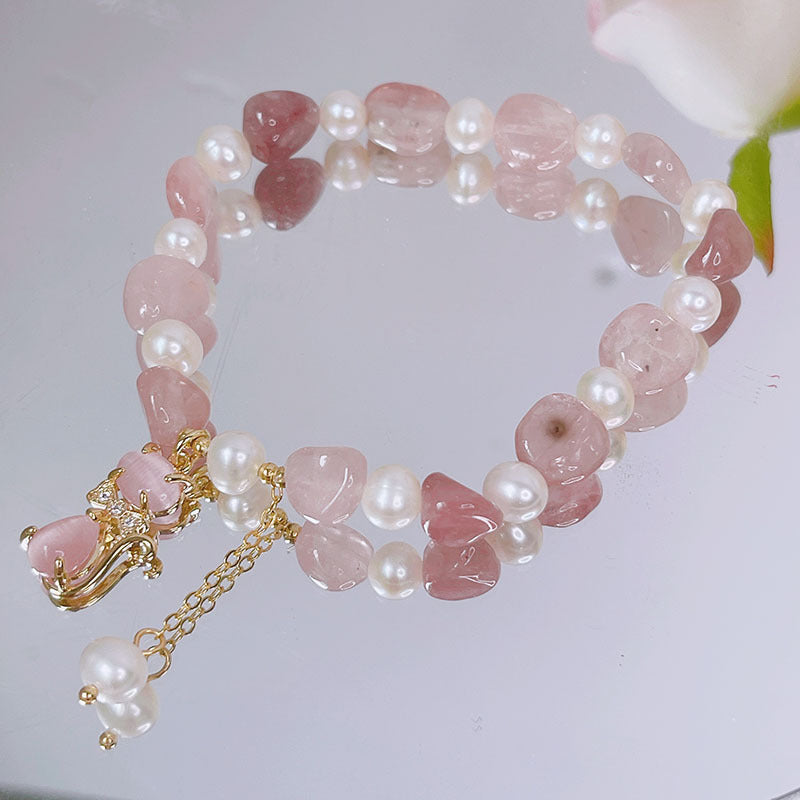 Natural Strawberry Quartz Pearl Cat Positive Bracelet | Zen Ara Grove