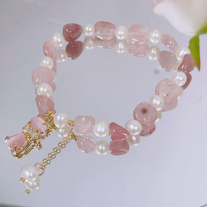 Natural Strawberry Quartz Pearl Cat Positive Bracelet | Zen Ara Grove