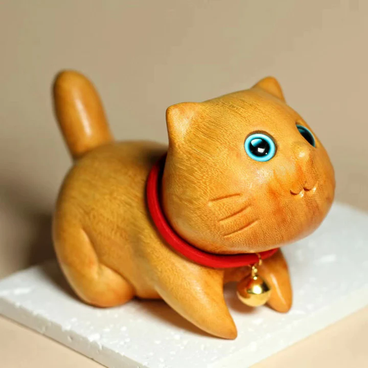 Mini Sandalwood Carved Lucky Confident Cat Healing Decoration | Zen Ara Grove