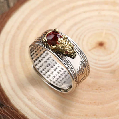 Garnet Pixiu Heart Sutra Adjustable Ring with Cloud Motif Minimalist Style for Wealth and Good Luck | Zen Ara Grove