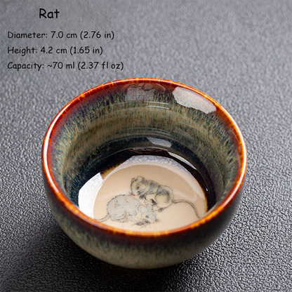 Handcrafted Kiln‑Change Ceramic Teacup with Zodiac Animal Motifs for Good Fortune | Zen Ara Grove