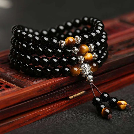 Obsidian Multi-Wrap Bracelet with Tiger’s Eye Accents – Protection & Strength | Zen Ara Grove