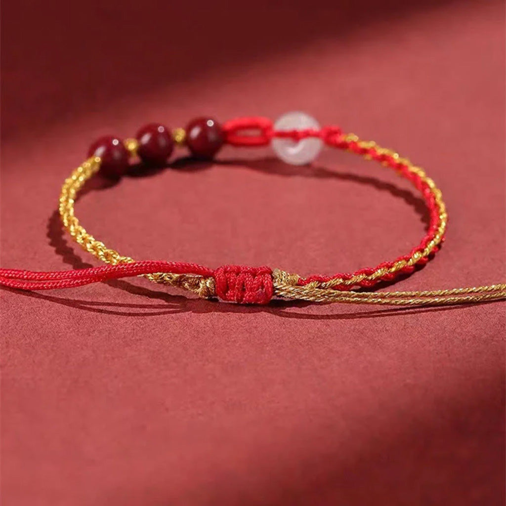 Adjustable White Jade Peace Buckle Bracelet with Cinnabar Beads — Peace & Protection