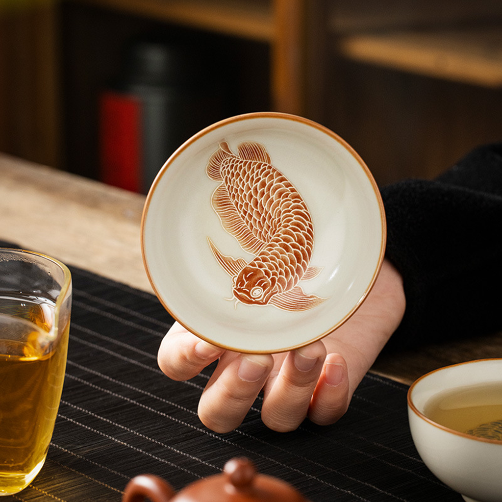 Oriental Ru Kiln Pu-er Cup – Handcrafted Porcelain with Silver Scale Glaze and Dragon Pattern | Zen Ara Grove