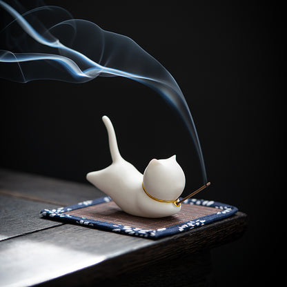 TODAY ONLY! White Ceramic Cat Incense Burner Decor