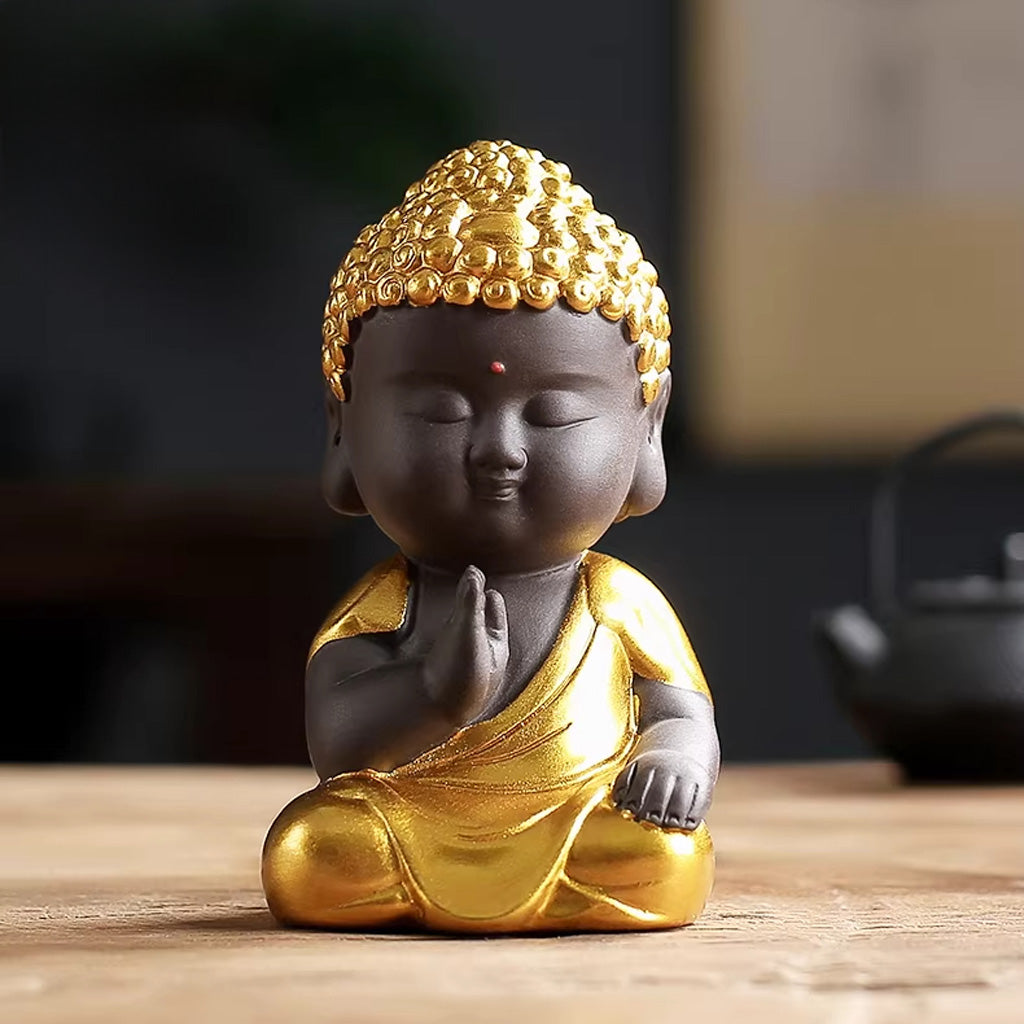 Mini Zen Buddha Statue – Handcrafted Purple Clay Ceramic with Golden Touch of Serenity | Zen Ara Grove