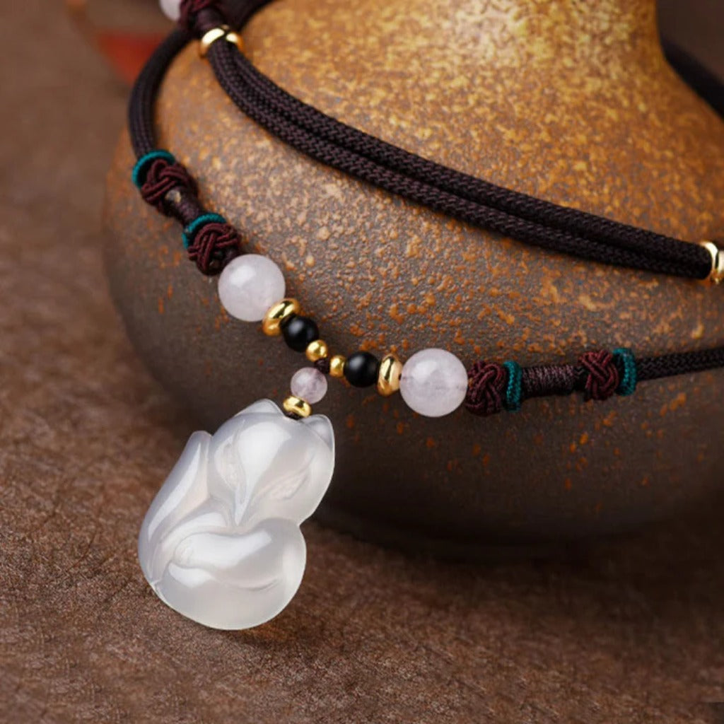 Adjustable Jade Cord Necklace – Carved Fox Pendant with Rose Quartz | Zen Ara Grove