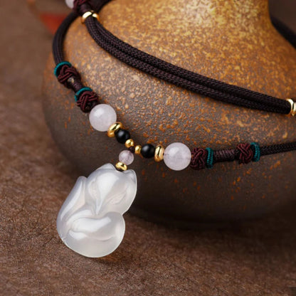 Adjustable Jade Cord Necklace – Carved Fox Pendant with Rose Quartz | Zen Ara Grove