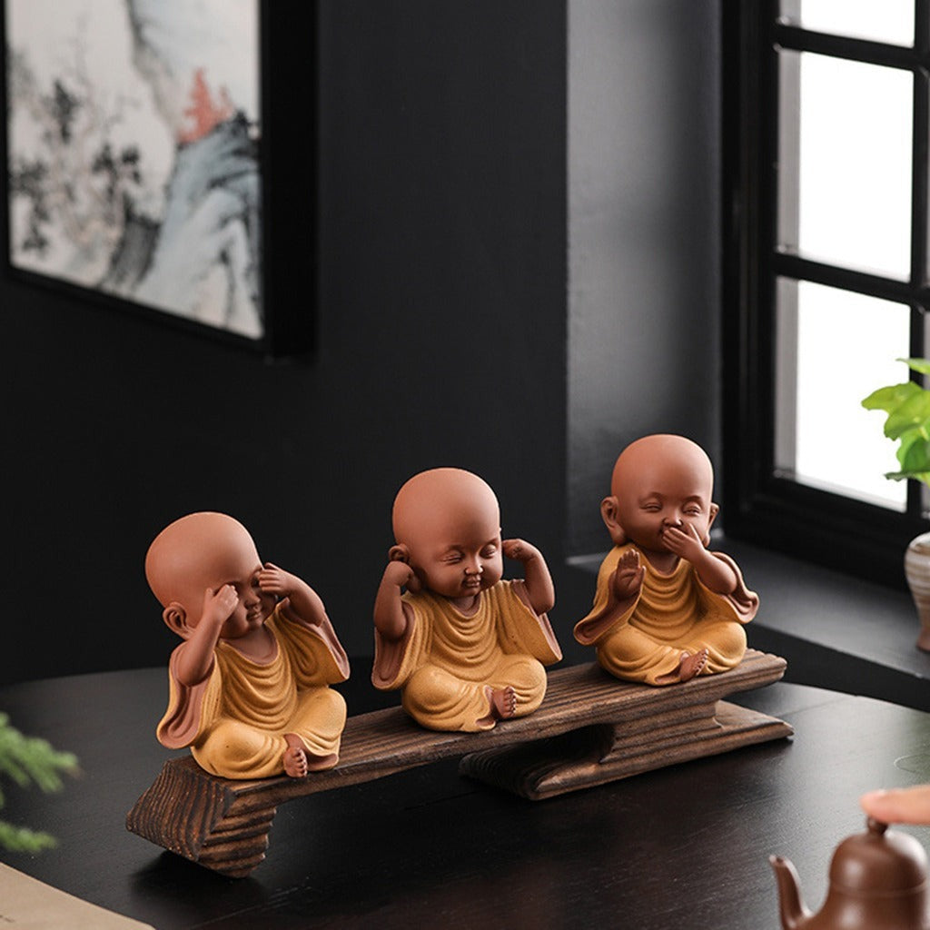 Handcrafted Ceramic "Four-Nos" Monk Statues – Symbol of Inner Calm & Thoughtful Living | Zen Ara Grove
