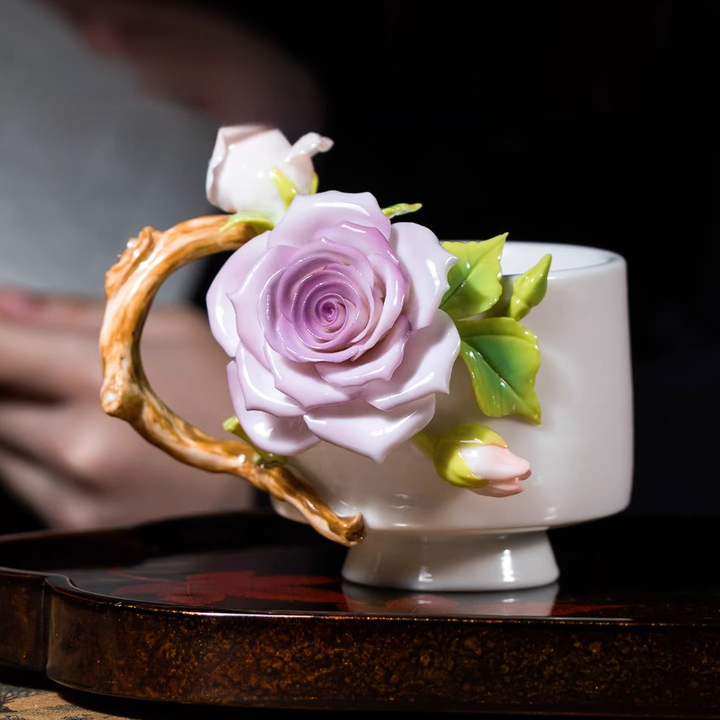 Handcrafted Heritage Porcelain Cup – Roses Blooming from the Surface | Zen Ara Grove