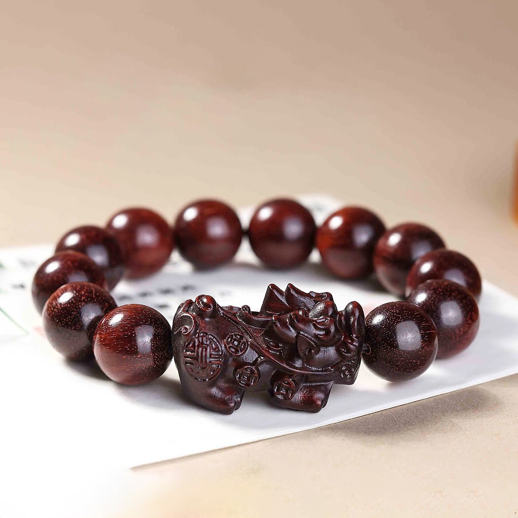 Handcrafted Red Sandalwood Pixiu Beaded Bracelet – Prosperity & Longevity | Zen Ara Grove