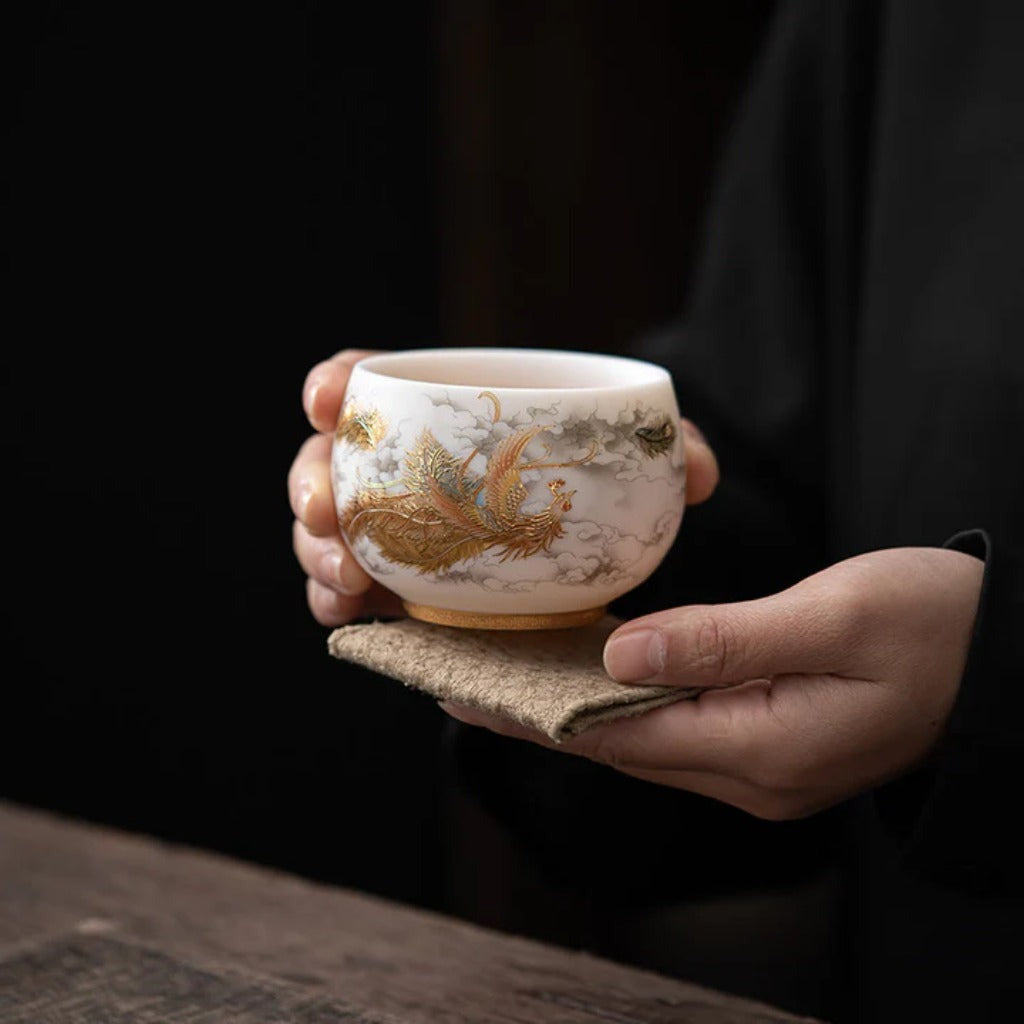 Milky White Porcelain Mug with Dragon and Phoenix Motif – Elegant & Durable | Zen Ara Grove