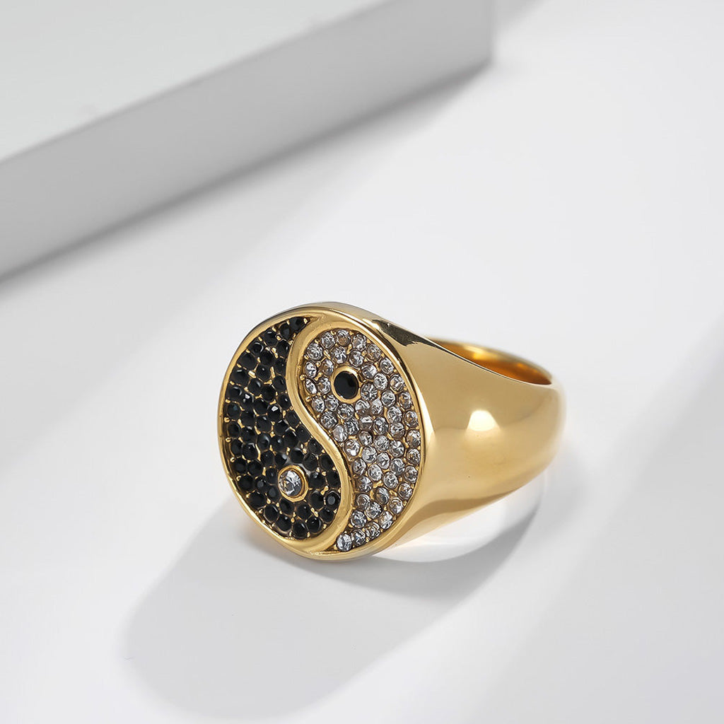 Yin-Yang Titanium Steel Ring – Black & White CZ, Symbol of Balance | Zen Ara Grove