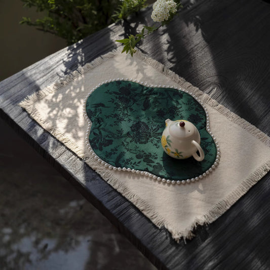 Zen Tea Mat - Embroidered Jade & Flow
