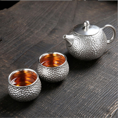 999 Silver Hammered Teacup – Dragon & Phoenix Design – Handcrafted Symbol of Strength and Harmony | Zen Ara Grove