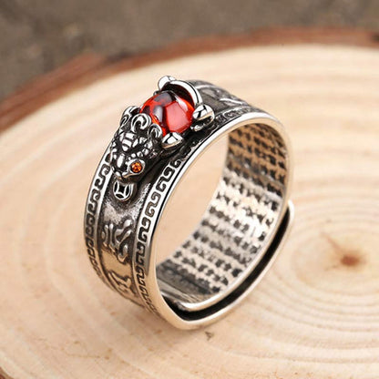 Garnet Pixiu Heart Sutra Adjustable Ring with Cloud Motif Minimalist Style for Wealth and Good Luck | Zen Ara Grove