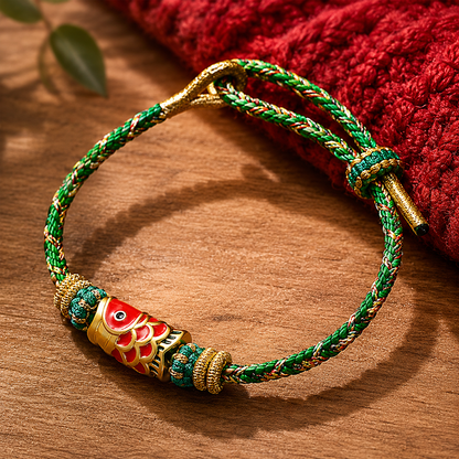 Adjustable Hand-Braided Koi Bracelet with Gold-Tone Details — Perseverance & Good Fortune