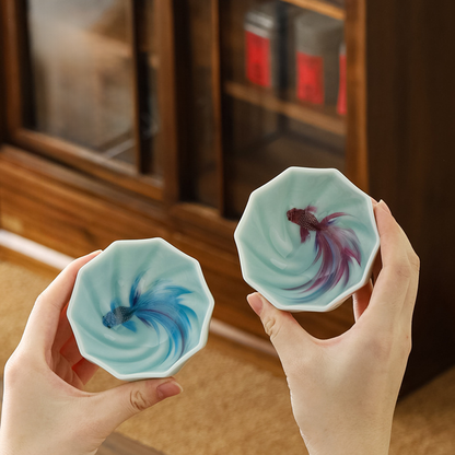 Celadon Porcelain Koi Fish Teacup – Artistic Green Glaze Tea Bowl | Zen Ara Grove