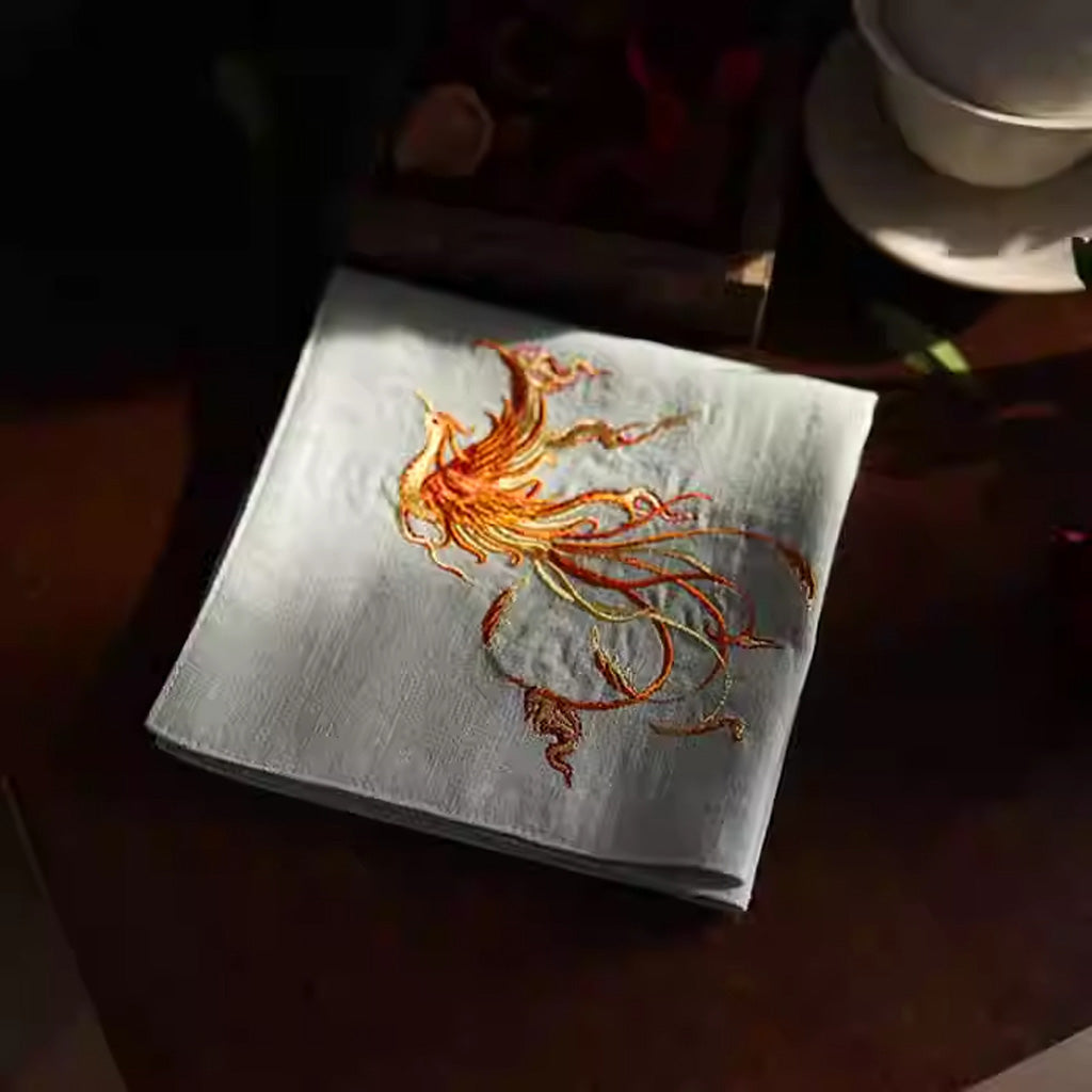 Double‑Layer Cotton Handkerchief – Hand‑Embroidered Phoenix Symbolizing Grace and Renewal | Zen Ara Grove