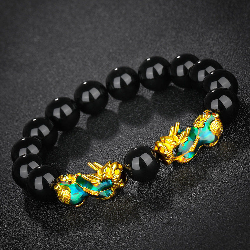 Thermo‑Color Changing Pixiu Obsidian Mantra Bracelet – Symbol of Protection and Fortune | Zen Ara Grove