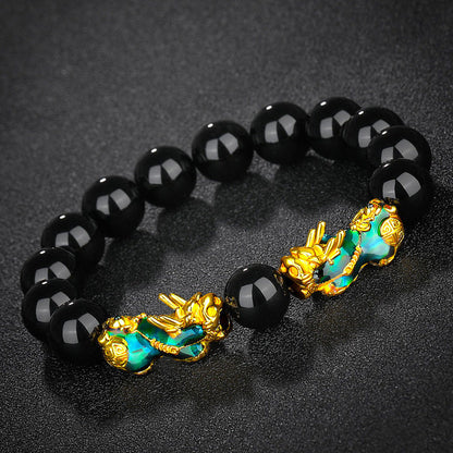 Thermo‑Color Changing Pixiu Obsidian Mantra Bracelet – Symbol of Protection and Fortune | Zen Ara Grove