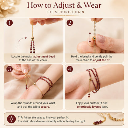 Adjustable Multi-Wrap Garnet Bracelet with Gold-Tone Accents