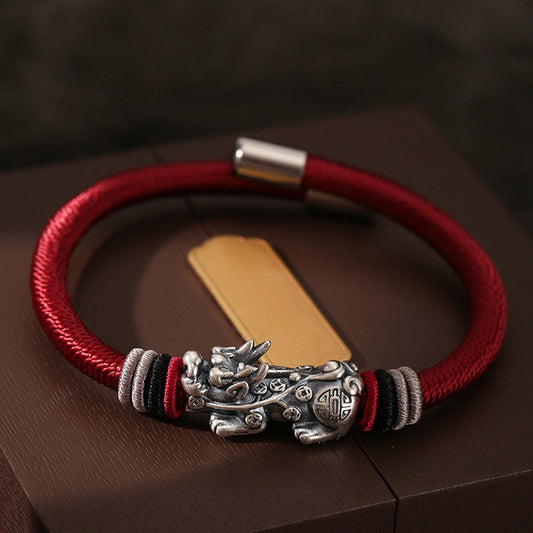 999 Silver Pixiu on Dragon Knot Handwoven Bracelet — Meaning of Courage & Wealth | Zen Ara Grove