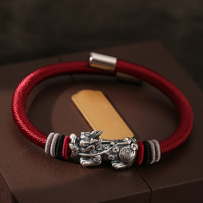 999 Silver Pixiu on Dragon Knot Handwoven Bracelet — Meaning of Courage & Wealth | Zen Ara Grove