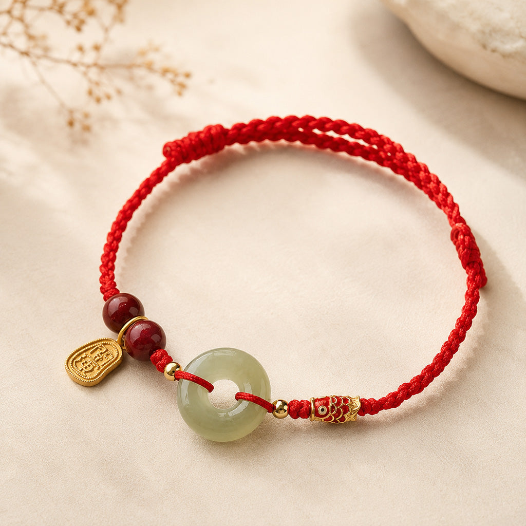 Natural Hetian Jade Peace Buckle Bracelet with Cinnabar and Koi Detail — Protection & Prosperity