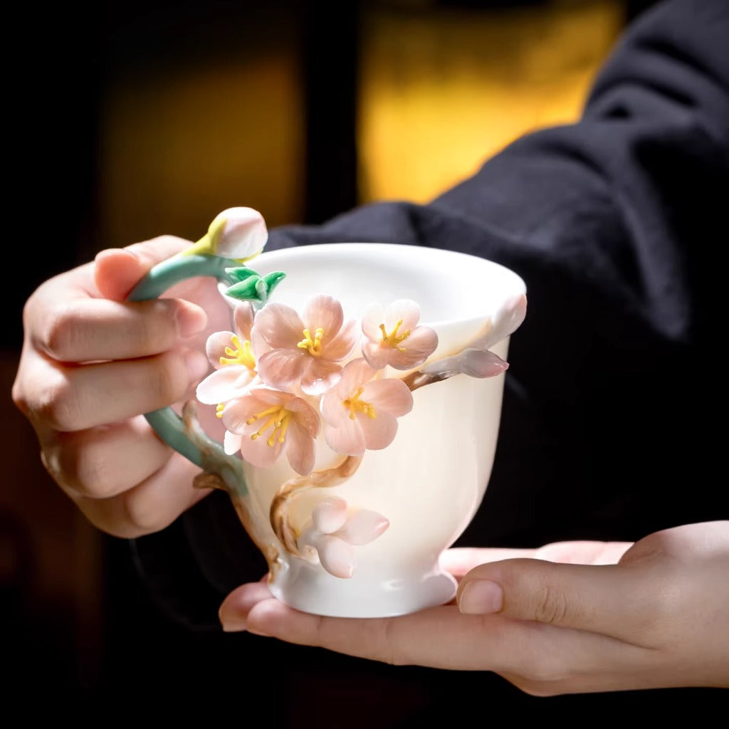 Handcrafted Ceramic Cup with Soft Pink Cherry Blossom – Blooming from the Cup, One of a Kind | Zen Ara Grove