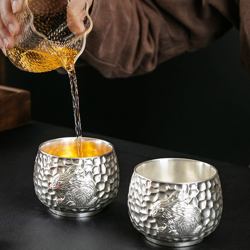 999 Silver Hammered Teacup – Dragon & Phoenix Design – Handcrafted Symbol of Strength and Harmony | Zen Ara Grove