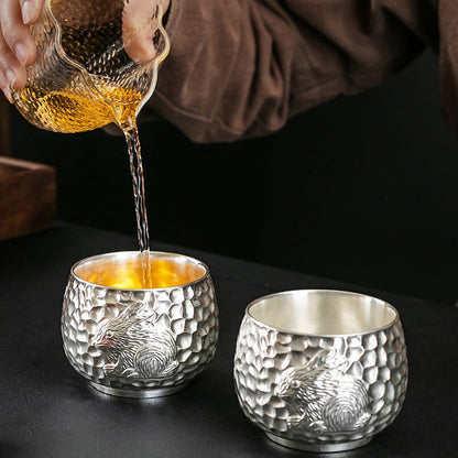 999 Silver Hammered Teacup – Dragon & Phoenix Design – Handcrafted Symbol of Strength and Harmony | Zen Ara Grove