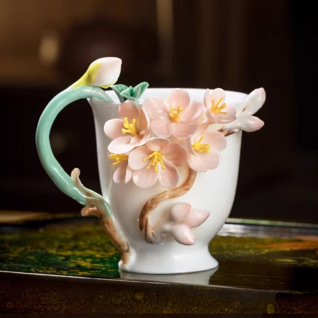 Handcrafted Ceramic Cup with Soft Pink Cherry Blossom – Blooming from the Cup, One of a Kind | Zen Ara Grove