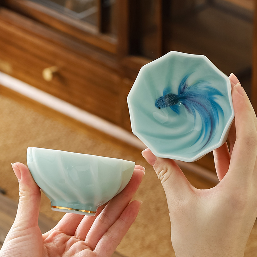 Celadon Porcelain Koi Fish Teacup – Artistic Green Glaze Tea Bowl | Zen Ara Grove