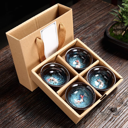 Artisan Porcelain Tea Cup – Unique Kiln-Varied Colors with Koi Design | Zen Ara Grove