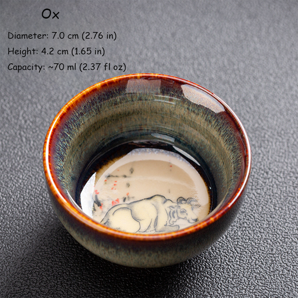 Handcrafted Kiln‑Change Ceramic Teacup with Zodiac Animal Motifs for Good Fortune | Zen Ara Grove