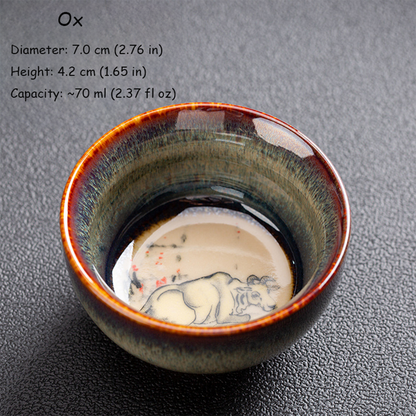 Handcrafted Kiln‑Change Ceramic Teacup with Zodiac Animal Motifs for Good Fortune | Zen Ara Grove