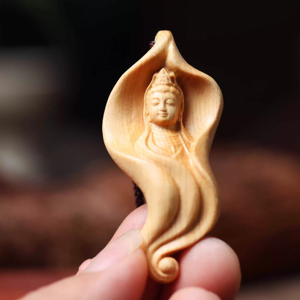 Handcrafted Boxwood Pendant – Lotus Leaf with Carved Bodhisattva Brings Serenity and Harmony | Zen Ara Grove