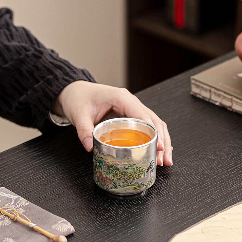 999 Silver Tea Cup – Emblem of Serenity & Blessing – Fine Hammered Finish | Zen Ara Grove