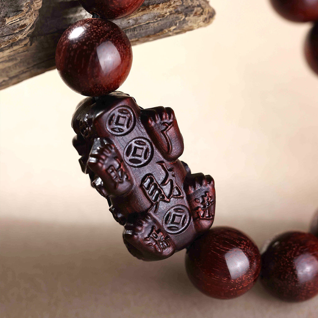 Handcrafted Red Sandalwood Pixiu Beaded Bracelet – Prosperity & Longevity | Zen Ara Grove