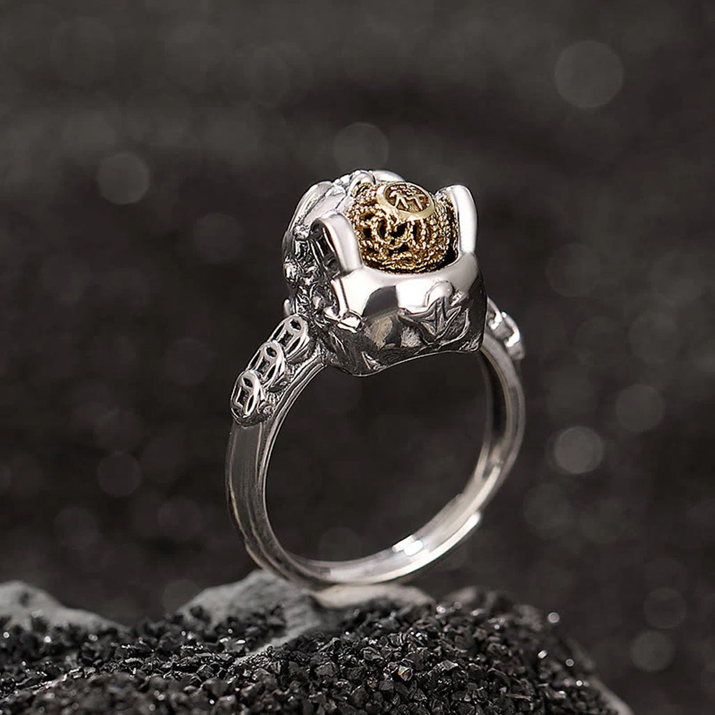 S925 Sterling Silver Pixiu Ring – Fortune & Protection – Adjustable with Rotating Gold Bead | Zen Ara Grove
