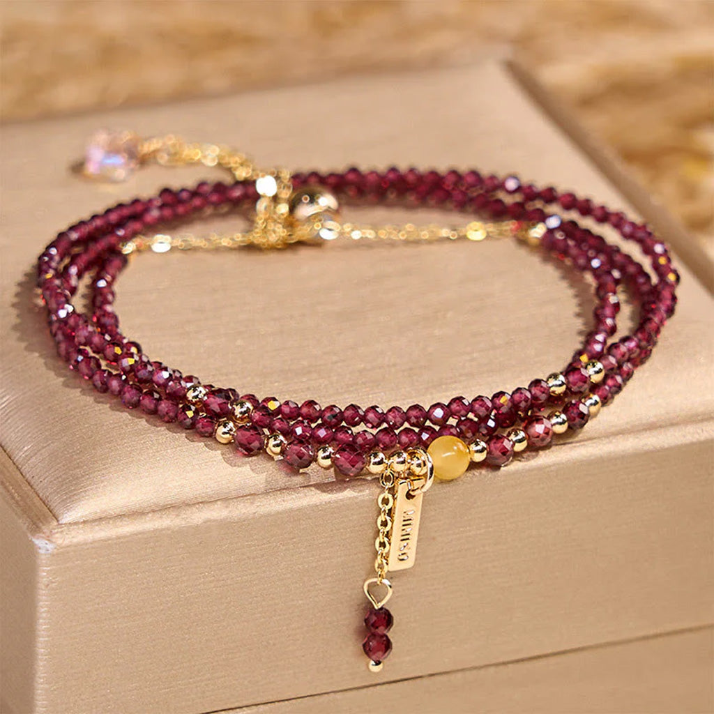 Adjustable Multi-Wrap Garnet Bracelet with Gold-Tone Accents