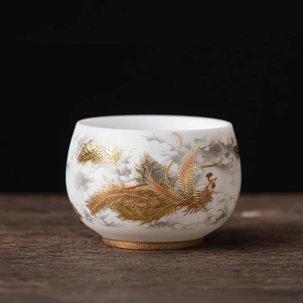 Milky White Porcelain Mug with Dragon and Phoenix Motif – Elegant & Durable | Zen Ara Grove
