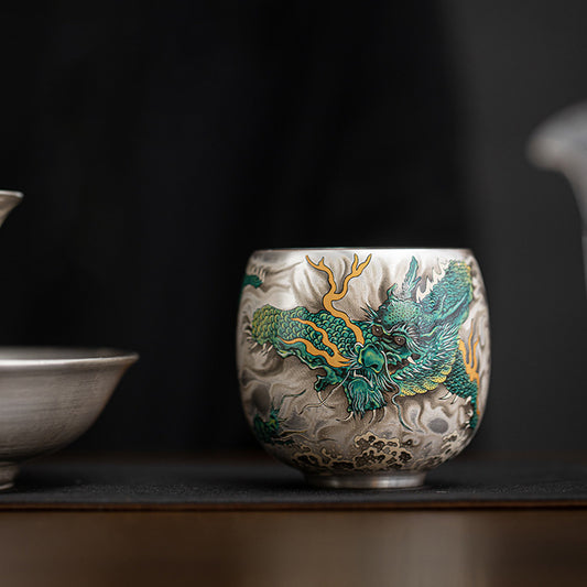 999 Silver Hammered Teacup – Dragon & Phoenix Design – Handcrafted Symbol of Strength and Harmony | Zen Ara Grove